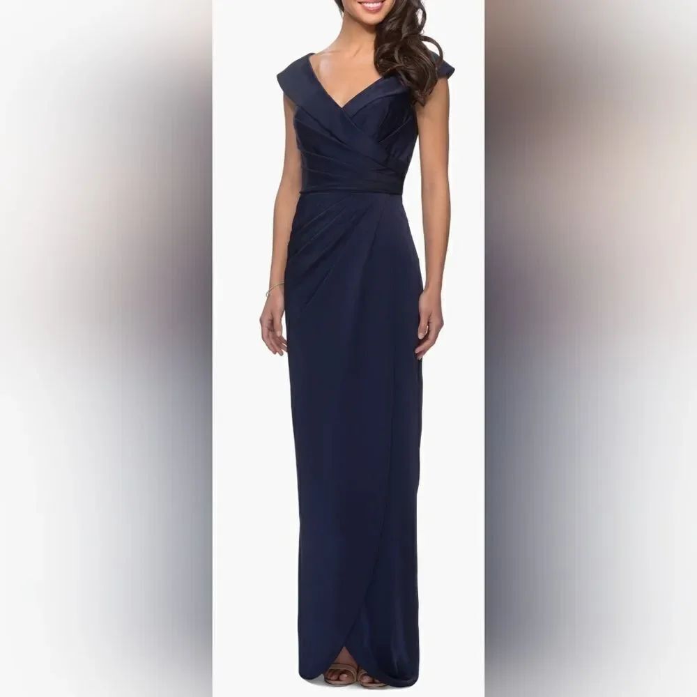 La Femme 25206 Surplice Off the Shoulder Column Gown NWT size 14 Navy Blue